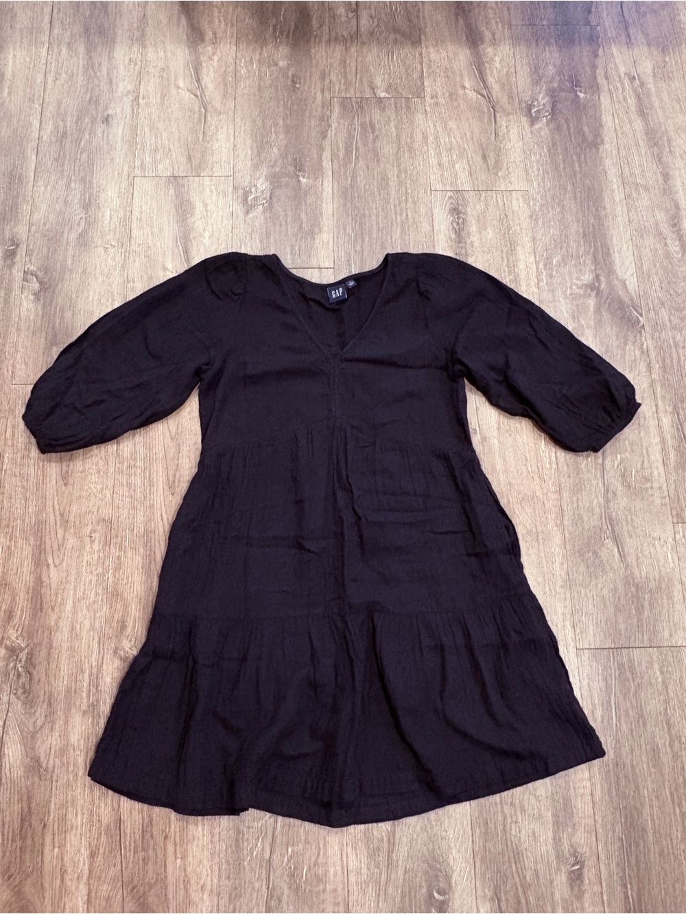 GAP Black V-Neck Tiered Mini Dress with Puff Sleeves